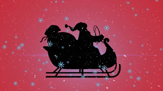 Animation of snow falling over santa claus in sleigh on red background