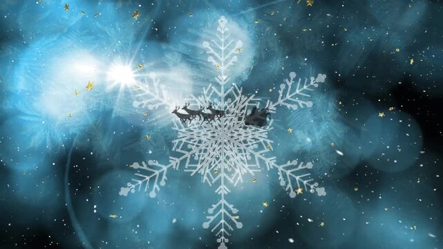 Animation of snow falling and santa claus in sleigh with reindeer over stars on black background