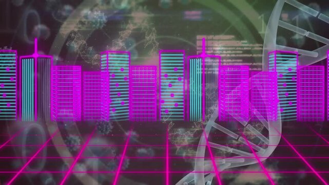 Animation of digital city and data processing over dna strand and virus cells