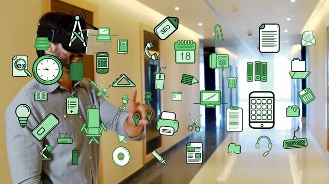 A business executive is using a virtual reality headset in an office corridor