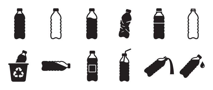 Various plastic water bottle icons in black silhouette, depicting full, empty, crushed, and recycling states in a modern graphic style