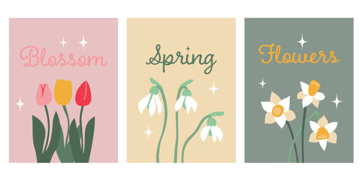 Set of colour spring postcards with flowers. Posters with tulips, snowdrops and daffodils. Good for 
greetings, postcards, posters, covers, promotions, banners and flyers