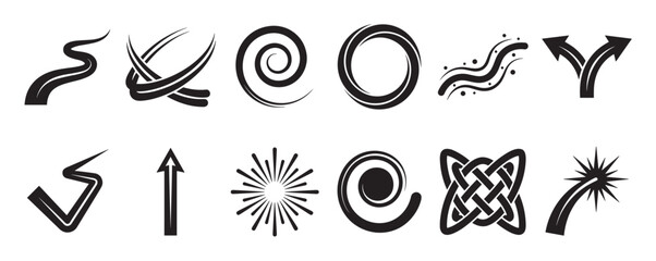 Fototapeta premium Collection of various black abstract vector shapes and symbols, including arrows, spirals, and decorative elements, presented in a clean graphic style