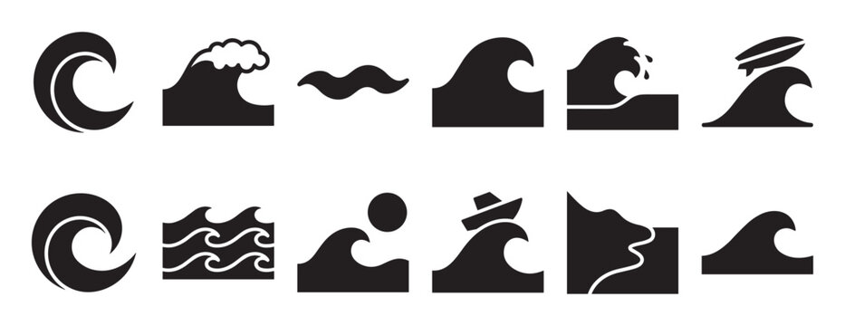 Collection of black wave icons in various shapes and styles, including a surfboard and boat, presented as a graphic design element