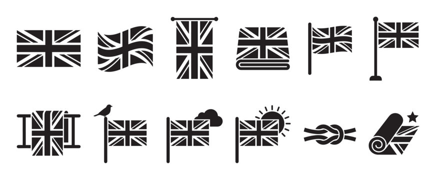 Collection of black and white Union Jack flag icons in various forms, including waving, folded, and on a flagpole
