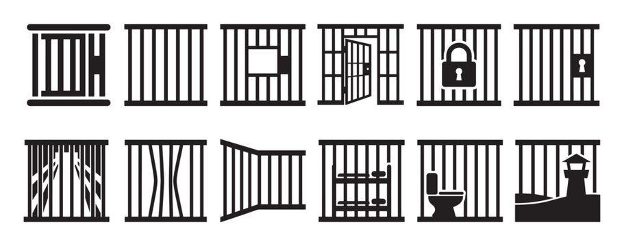 Various black prison bars and jail cell icons are arranged in rows, depicting different aspects of incarceration and confinement