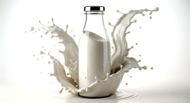 A clear glass bottle filled with white milk is captured in a dynamic splash of milk exploding outwards against a clean white background, creating a sense of freshness and energy