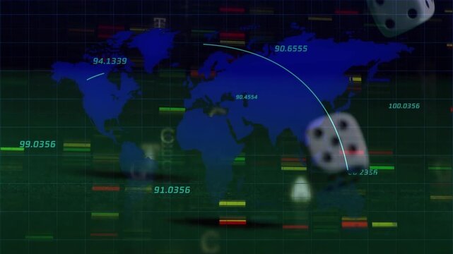 Animation of data processing and world map over dices