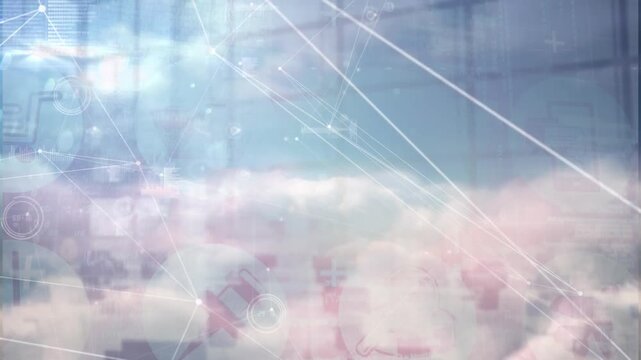 Digital composite graph connects elements in an empty office 3D illustration.