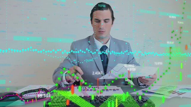 Animation of data proessing over caucasian businessman in office