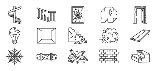 Fototapeta premium Various line art icons depicting damaged and broken objects, including a spiral staircase, shattered window, and crumbling wall
