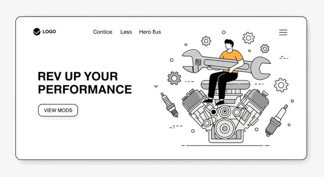 Automotive engine repair service web banner showing mechanic with wrench for car performance tuning landing