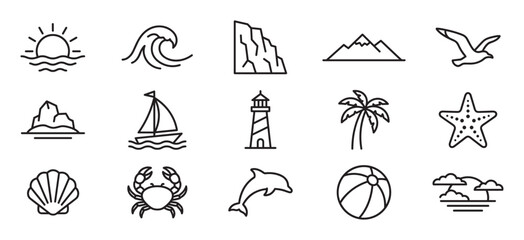 Obraz premium Collection of fifteen black outline summer and beach themed icons, including sun, wave, mountains, and sea creatures