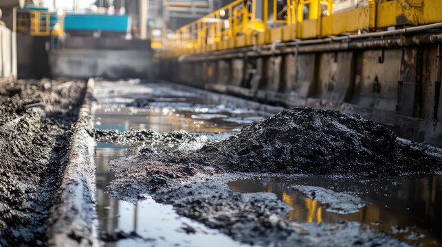 Sludge accumulating in an industrial sedimentation basin, highlighting the process of wastewater treatment and the management of environmental pollution and waste in a facility
