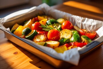 Golden Roasted Vegetables in Tray Under Soft Oven Light with Fresh Herbs