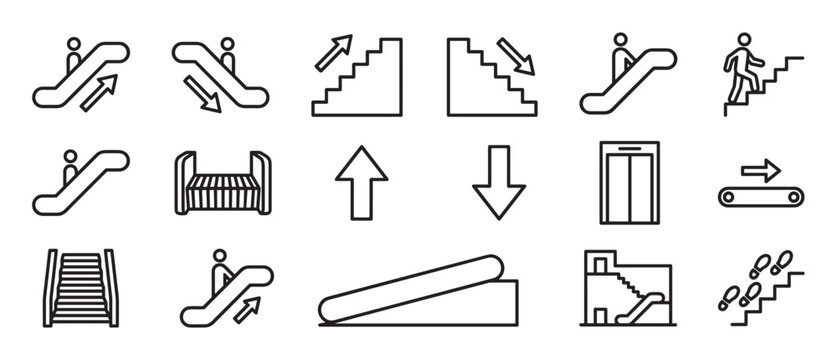 Comprehensive collection of black outline icons representing various forms of vertical and horizontal transportation, including escalators, stairs, and elevators