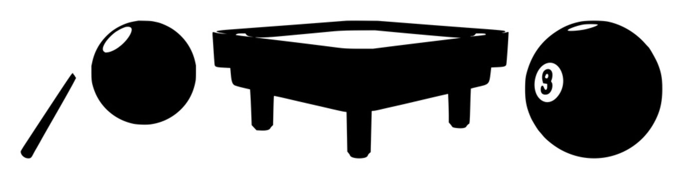 Billiard ball and cue set with black silhouette against white background featuring billiard sports, cue sports, game equipment with simple and minimalist style