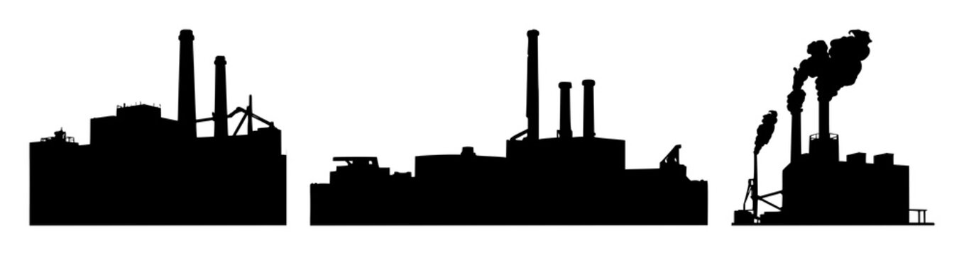 Factory set with black silhouette on white background featuring smoke, industrial, silhouette, background, architecture with blackline and monochrome