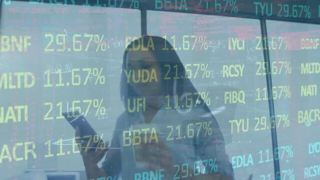 Animation of trading board, mathematical sums on woman using cellphone and drinking coffee