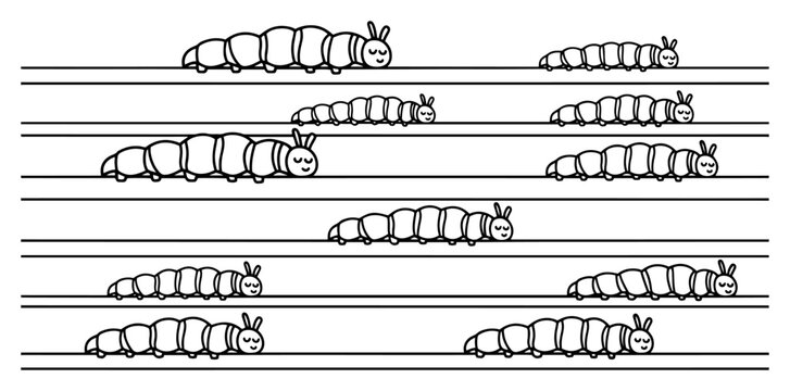 Caterpillars crawling on horizontal parallel lines in minimalist black and white line art style