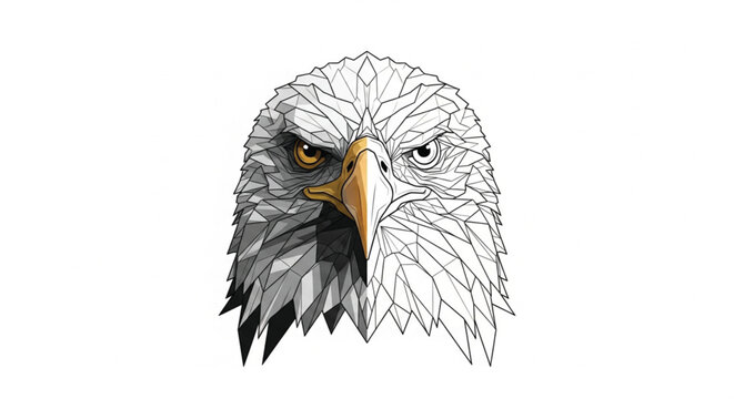 A modern geometric bald eagle head illustration, featuring a unique split-screen design. One side shows a detailed low-poly shaded rendering, while the other reveals an intricate wireframe structure. 