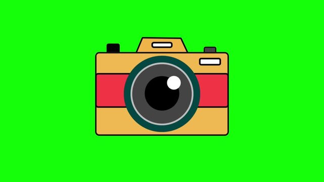 Animation Vintage photo camera takes a picture with a flashing light effect on a green screen background.