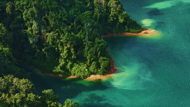 Aerial view of Khao Sok national park's lush cliffs and blue clear waters, Thailand.
