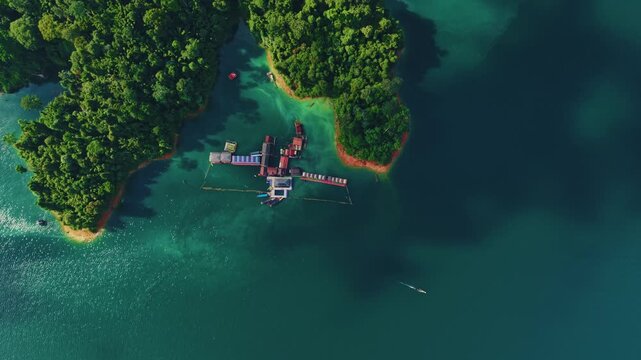 Aerial view floating resorts in Khao Sok national park surrounded by lush jungle in of Cheow Lan lake, Thailand.