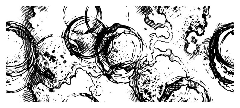 Abstract circular patterns with organic textures and stains in vintage etching style