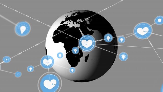 Animation of connected heart pulse and lightbulb icons with globe rotating on white background