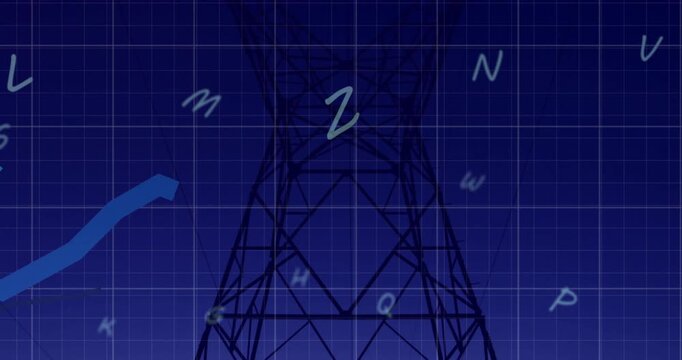 Animation of financial data processing and letters over electricity pylon on field