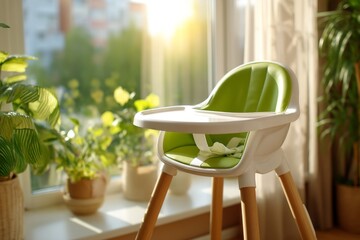 Bright and Cozy Feeding Chair Near Window Surrounded by Plants in a Sunlit Room