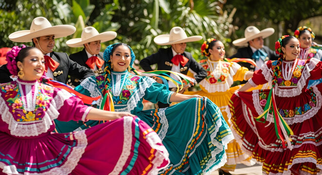 Traditional Mexican dancers in colorful dresses.