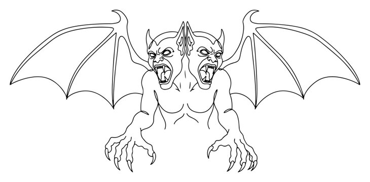 Two headed winged demon gargoyle in minimalist continuous line art style