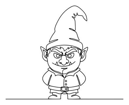 Grumpy gnome character with pointed hat in continuous line art style