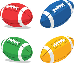 Fototapeta premium Vector set of four colorful american footballs in red blue green and yellow