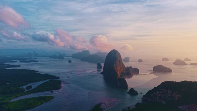 Aerial view Landscape of Phang Nga bay with sunset. Hong green lush tropical island Thailand.