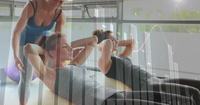 instructor guiding two clients in Pilates studio, with floating financial charts and data overlays