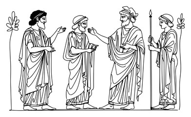 Fototapeta premium Ancient Greek philosophers conversing in classical togas drawn in minimalist continuous line art style