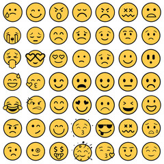 Fototapeta premium Collection of various yellow emoticon faces on white background 