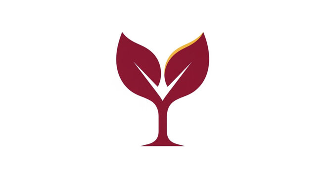 This elegant vector logo features a stylized wine glass silhouette that seamlessly transforms into two sprouting leaves. Using a rich burgundy and golden color palette, this creative design perfectly.