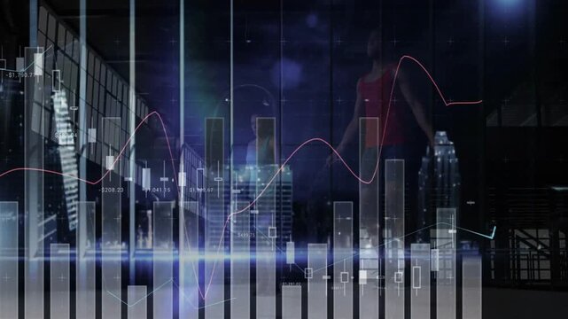bar and candlestick charts animating while colleagues stepping forward presenting financial data