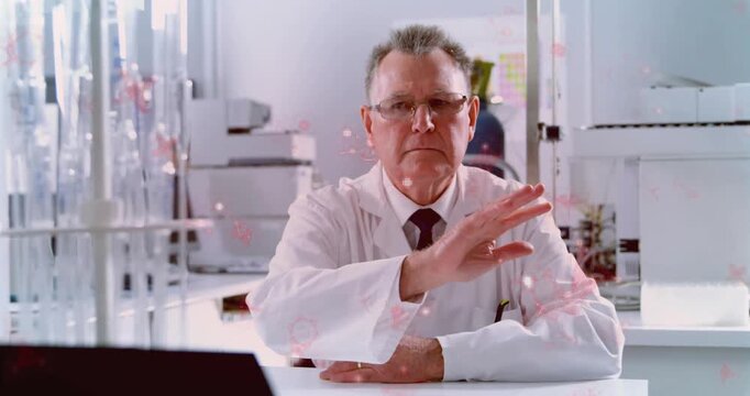 Scientist placing palm-forward at lab rotating palm syncing holographic molecules for tech insight