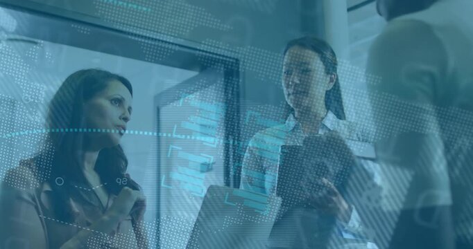 Project lead gesturing at holograms initiating overlays, analyst tapping tablet for business review