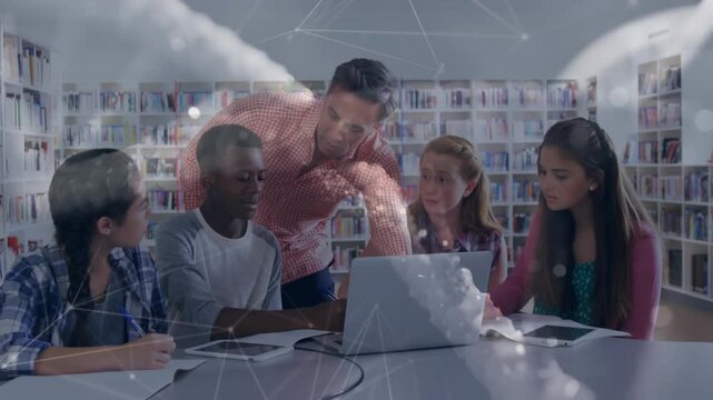 Teacher opening laptop and pointing screen while students solving math problem in study session