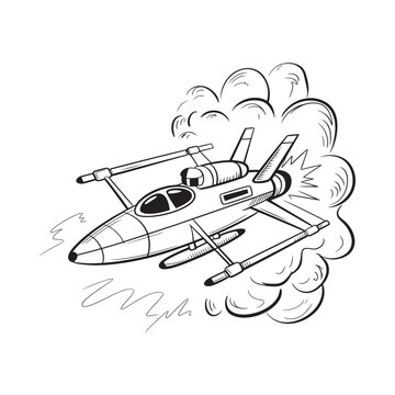 A black and white illustration of an x wing starfighter in flight
