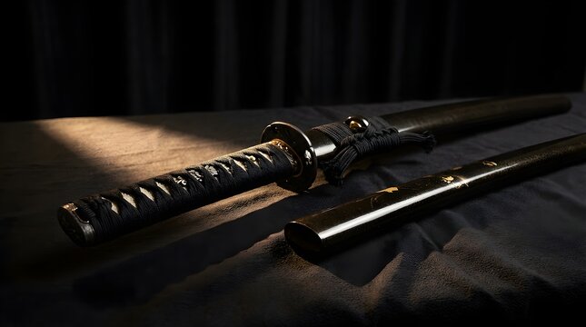 An antique Japanese samurai wakizashi sword with dark lacquered saya resting on a textured surface