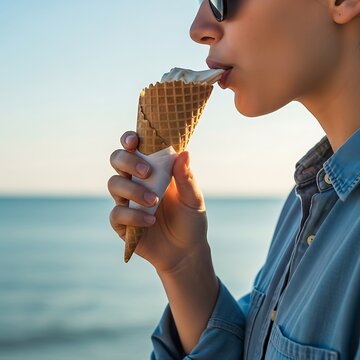 Person enjoying an ice cream cone on a sunny day by the sea.