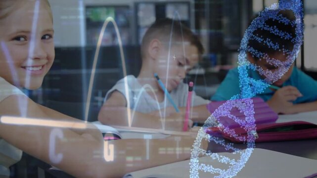 classmates writing at school using pencils with animated DNA helix waveform syncing as girl joining