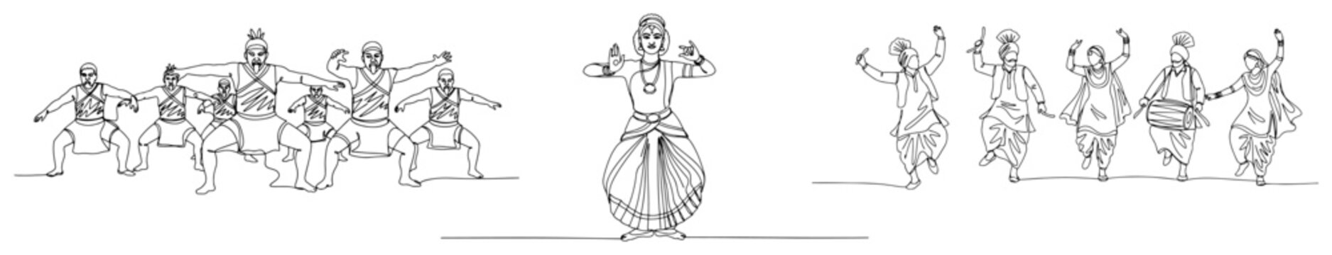 Diverse group of folk dancers performing traditional cultural dances in minimalist line art style